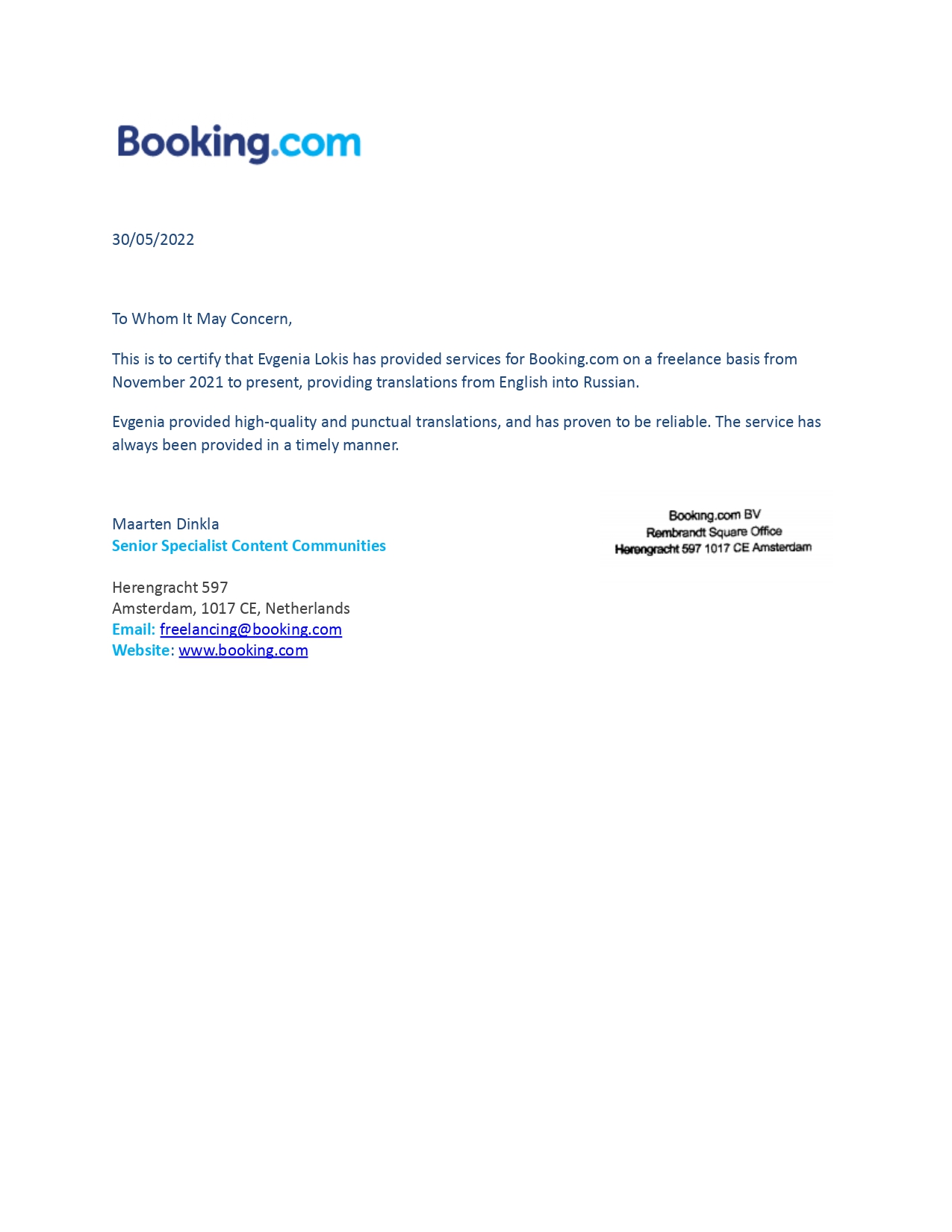 Booking.com Testimonial
